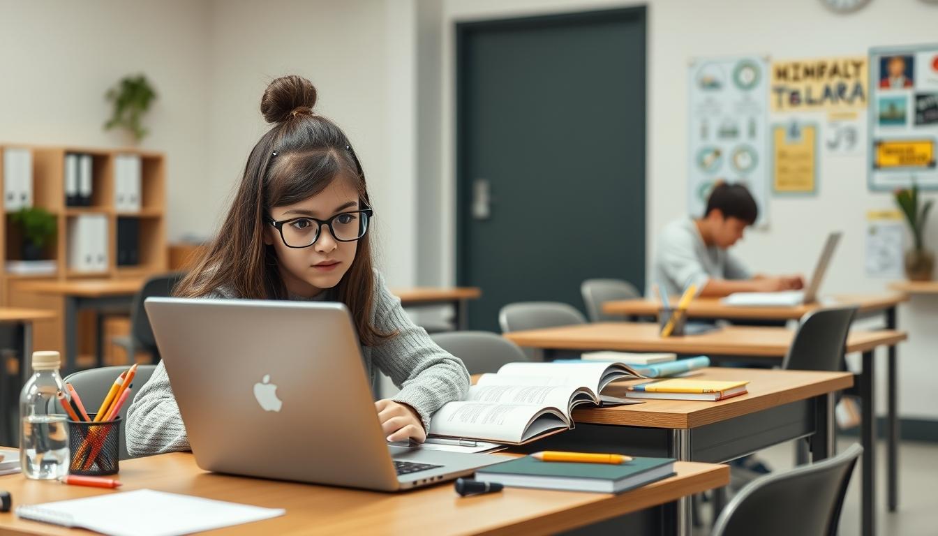 Student utilizing a study guide to arrange academic notes